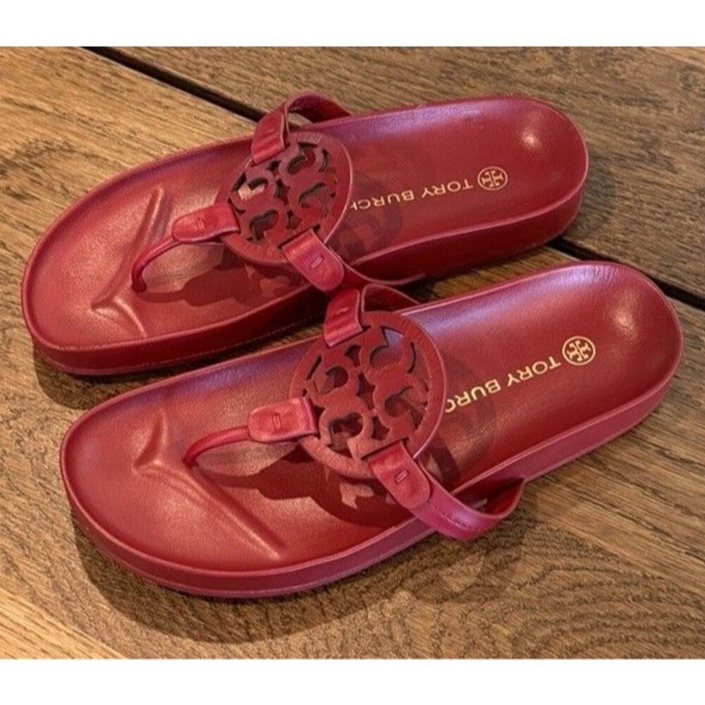 Tory Burch Miller Cloud Leather Thong Sandals Women’s Size 8 Red Logo Comfort - Picture 2 of 9